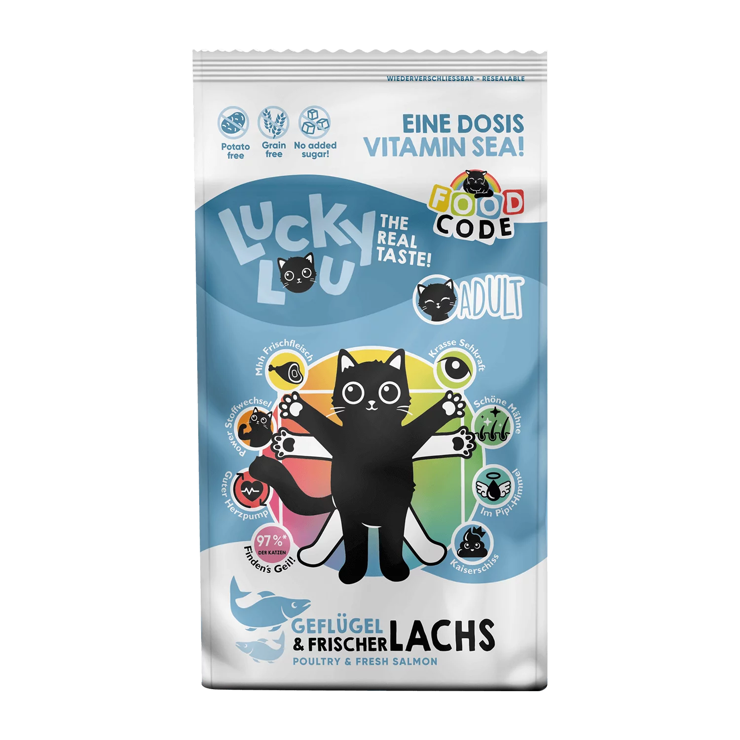 Lucky Lou® Food Code Lifestage | Premium Trockenfutter für Katzen | Adult Geflügel & Lachs