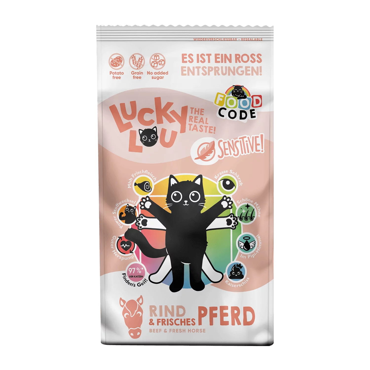 Lucky Lou® Food Code Sensitive | Premium Trockenfutter für Katzen | Adult Rind & Pferd