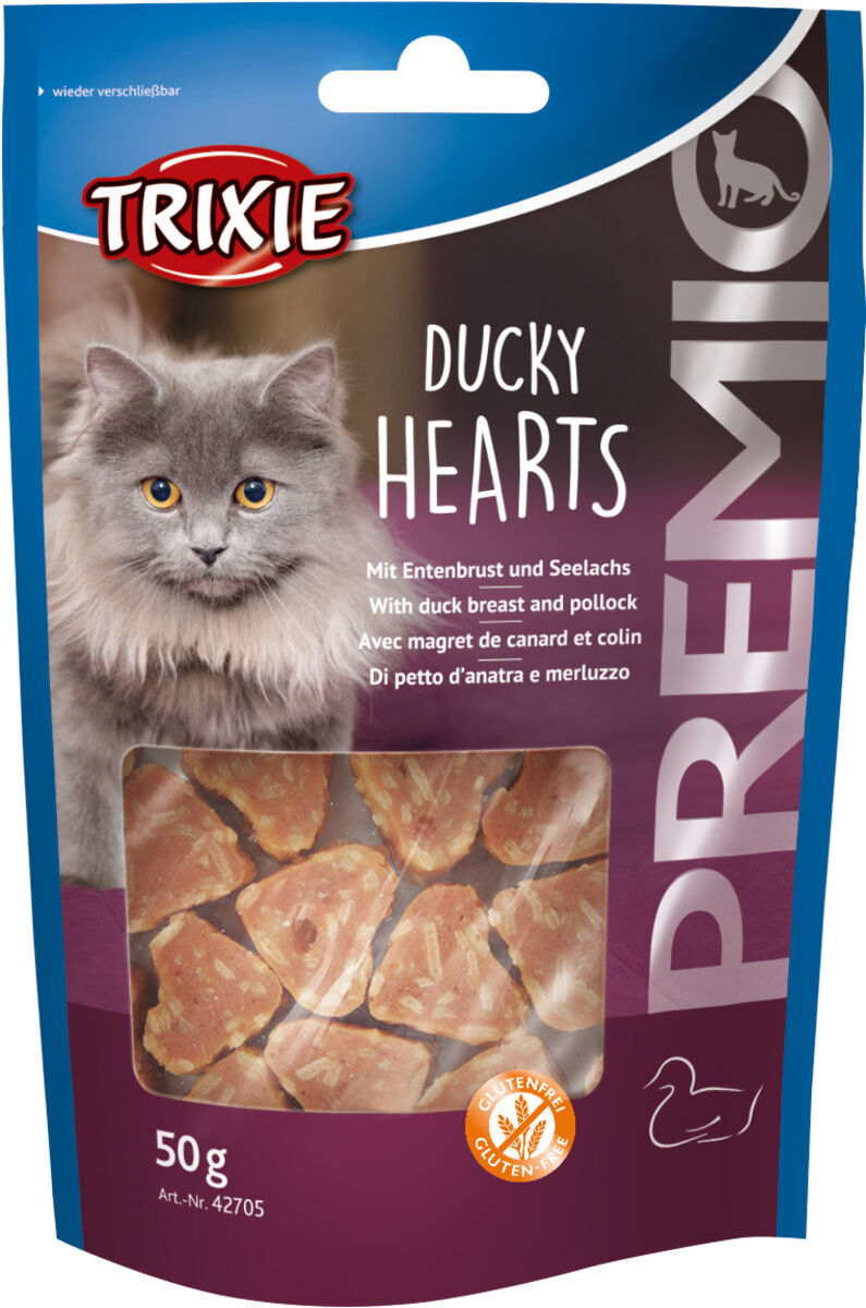 Trixie Premio Hearts mit Entenbrust & Seelachs | Katzensnack mit 65 % Entenbrust und 18 % Fisch | Ergänzungsfutter Beutel 50 g
