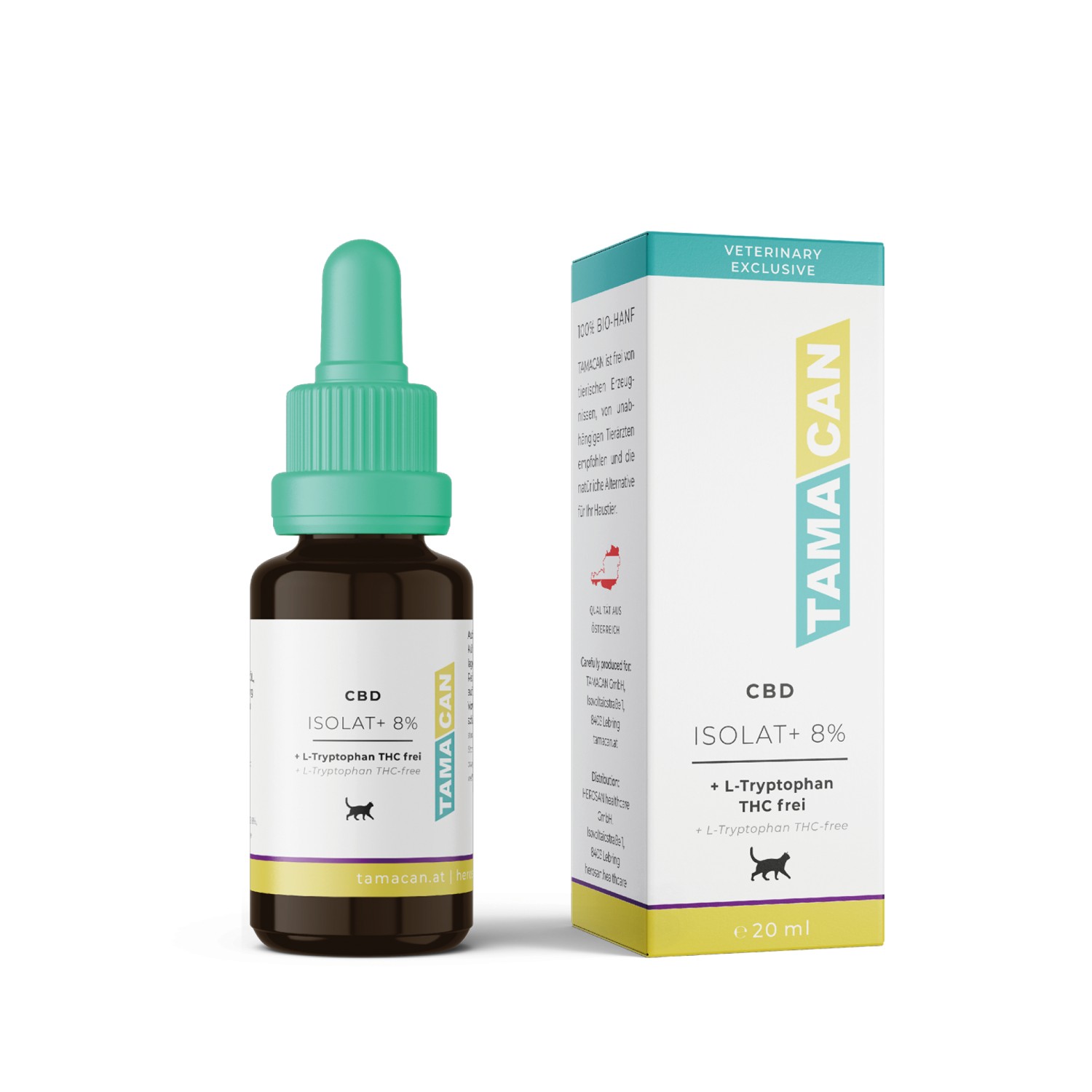 Tamacan Isolat+ | Natürliches Beruhigungsmittel CBD & L-Tryptophan für Katzen | THC-frei & hochverträglich | 20 ml