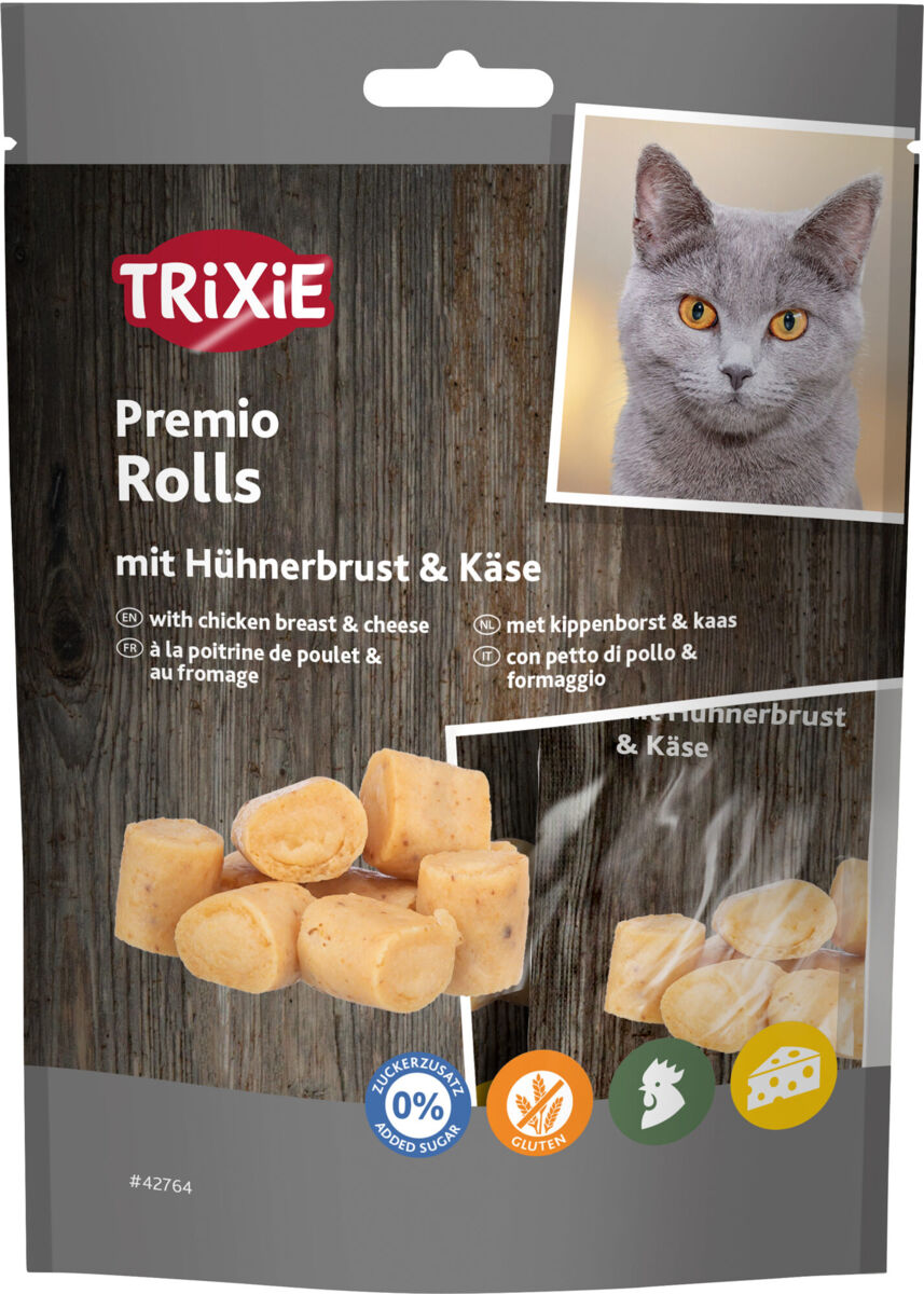 Trixie Premio Rolls mit Hühnerbrust & Käse | Katzensnack mit 79 % Fleischgehalt | Ergänzungsfutter Beutel 50 g