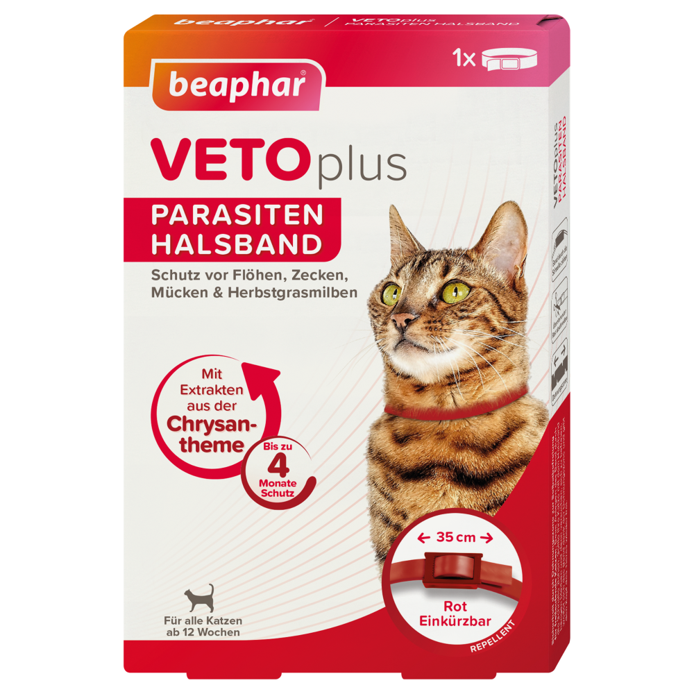 Beaphar VETOplus Parasiten Halsband 35 cm, Rot | Repellent bis zu 4 Monate lang Schutz vor Ektoparasiten | für alle Katzen