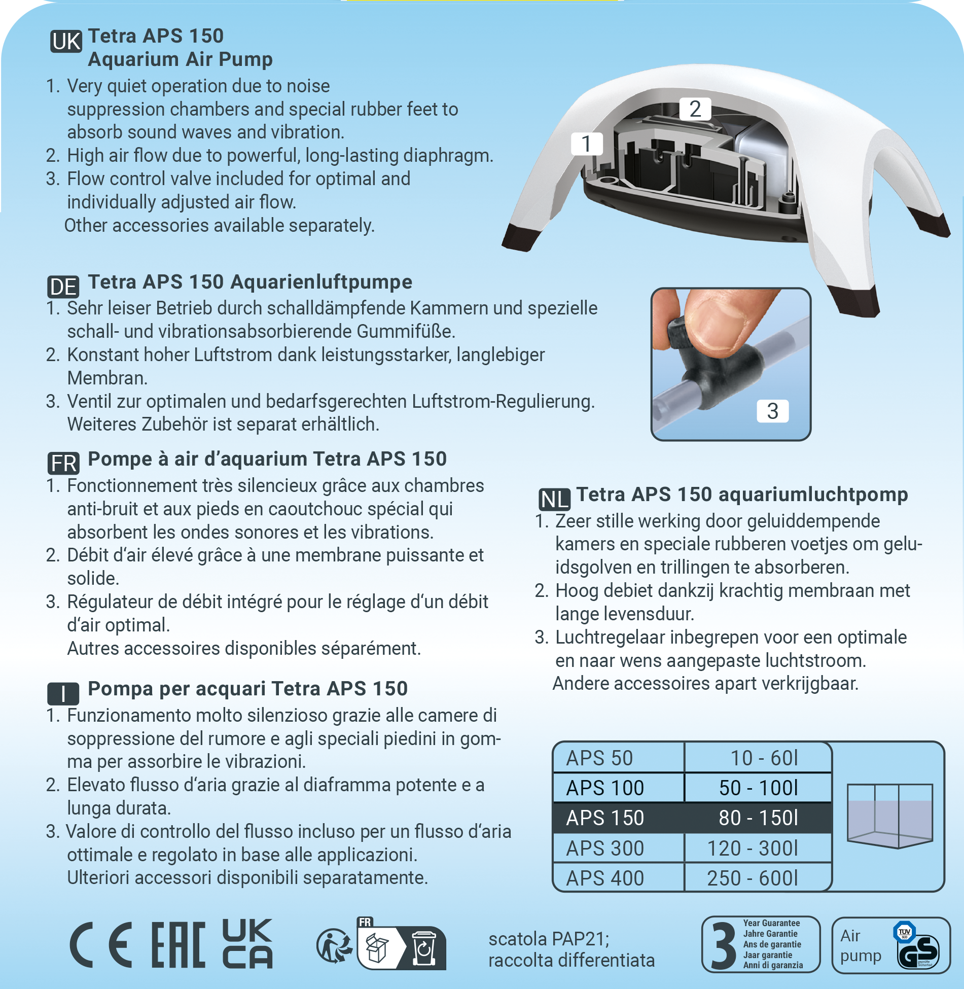 Tetra APS Aquarienluftpumpe bis 150 l Aquariumgröße | Extrem leise & leistungsstark | APS150 Weiß