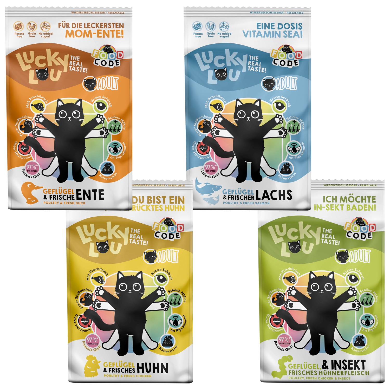 Lucky Lou® Food Code Adult Probier-Paket | Premium Trockenfutter für Katzen (4 Sorten, je 750 g)