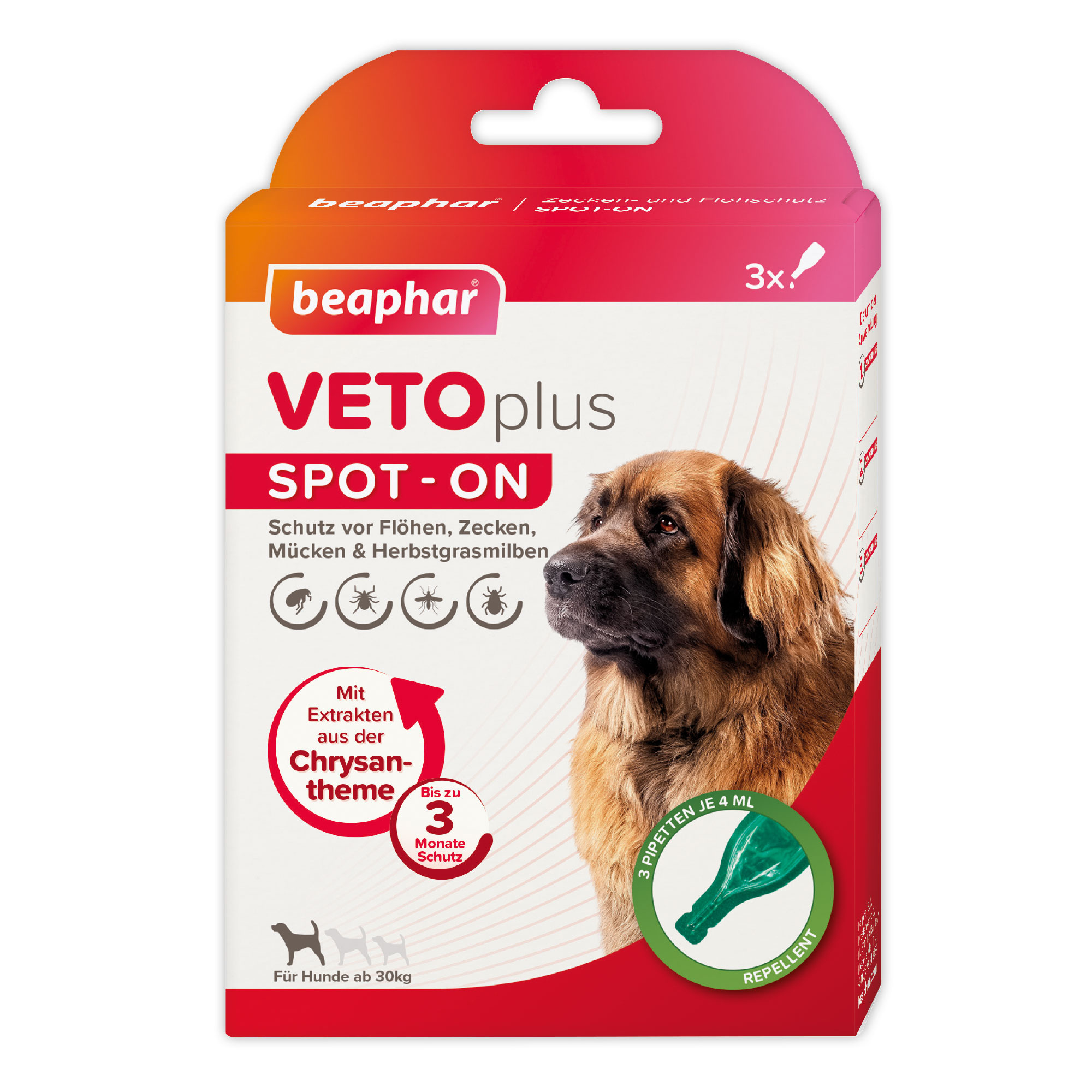 Beaphar VETOplus SPOT-ON | Schutz vor Zecken, Flöhen, Mücken und Herbstgrasmilben | 3 Pipetten je 4 ml | für Hunde ab 30 kg