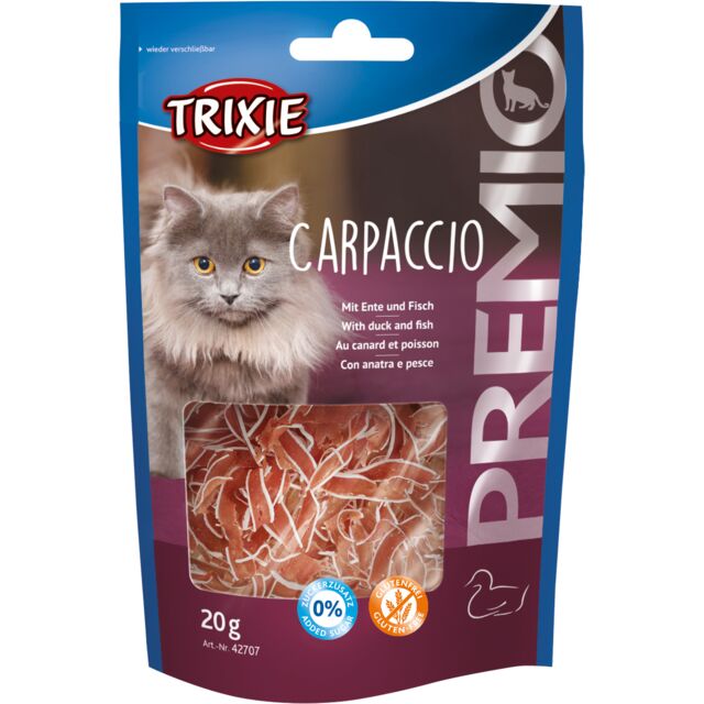 Trixie Premio Carpaccio mit Entenbrust & Fisch | Katzensnack mit 65,5 % Entenbrust und 20 % Fisch | Ergänzungsfutter Beutel 20 g