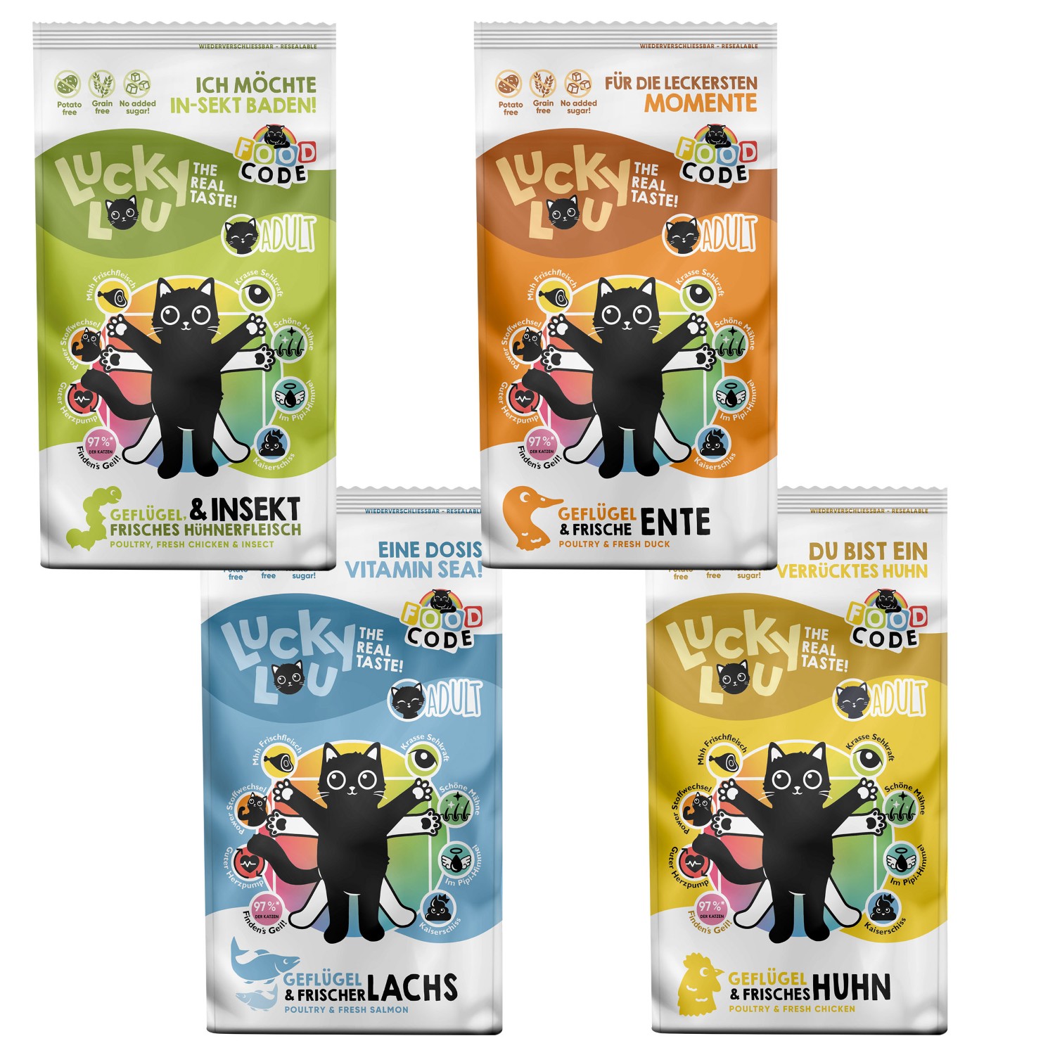Lucky Lou® Food Code Adult Probier-Paket | Premium Trockenfutter für Katzen (4 Sorten, je 340 g)