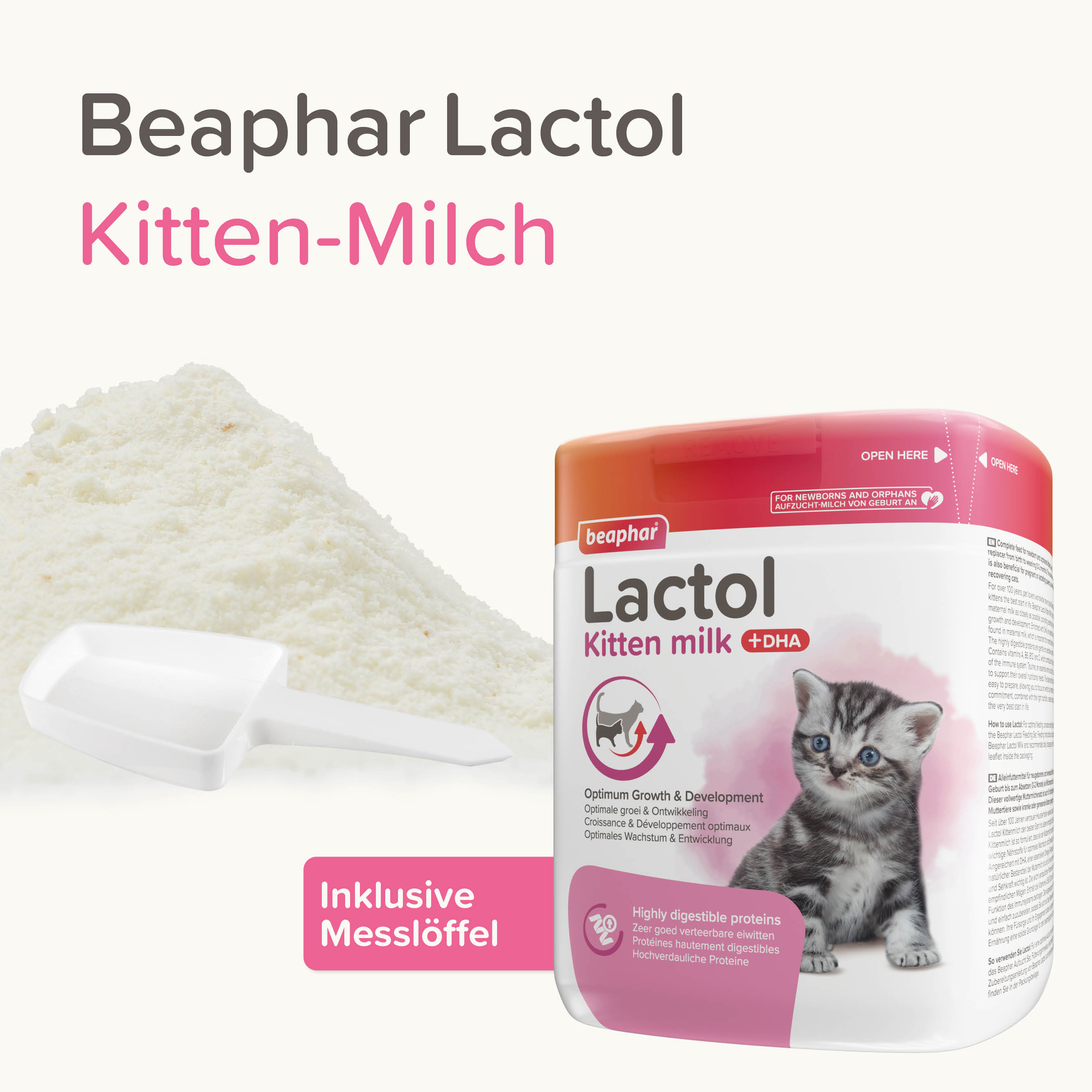 Beaphar Lactol Aufzucht-Milch für Katzen | Vollwertiger Muttermilchersatz mit DHA & Taurin | Milchpulver 250 g