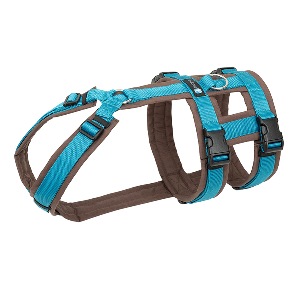 Anny-X Brustgeschirr Safety Fun Braun-Petrol | Ausbruchsicheres Hundegeschirr mit Taillengurt | Größe S (Brustumfang 52 - 64 cm)