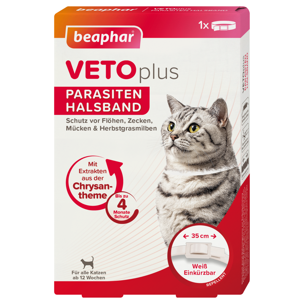 Beaphar VETOplus Parasiten Halsband 35 cm, Weiß | Repellent bis zu 4 Monate lang Schutz vor Ektoparasiten | für alle Katzen