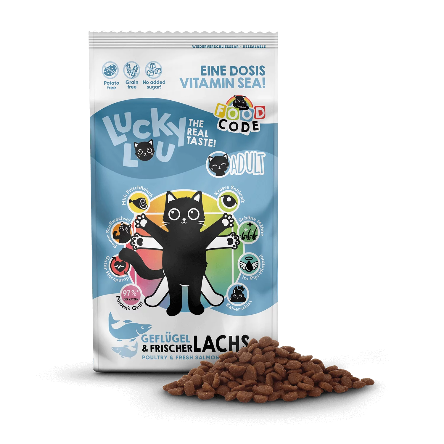 Lucky Lou® Food Code Lifestage | Premium Trockenfutter für Katzen | Adult Geflügel & Lachs | Inhalt 340 g
