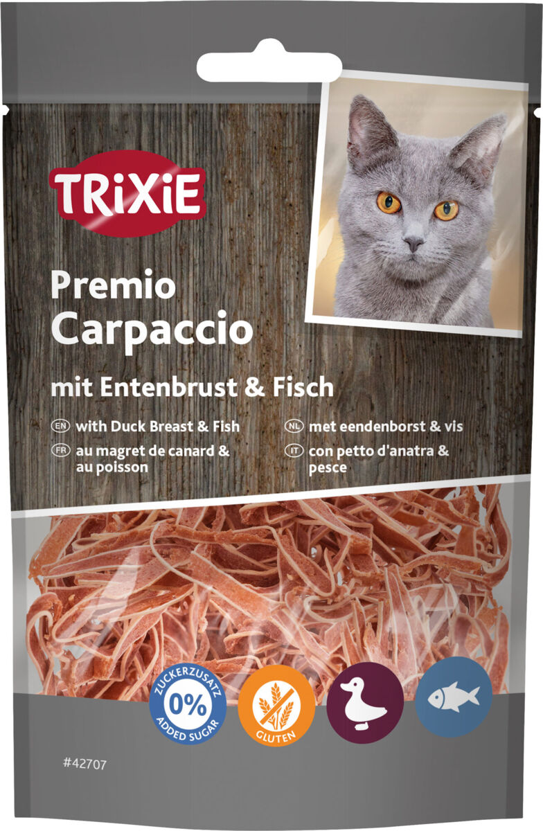 Trixie Premio Carpaccio mit Entenbrust & Fisch | Katzensnack mit 65,5 % Entenbrust und 20 % Fisch | Ergänzungsfutter Beutel 20 g