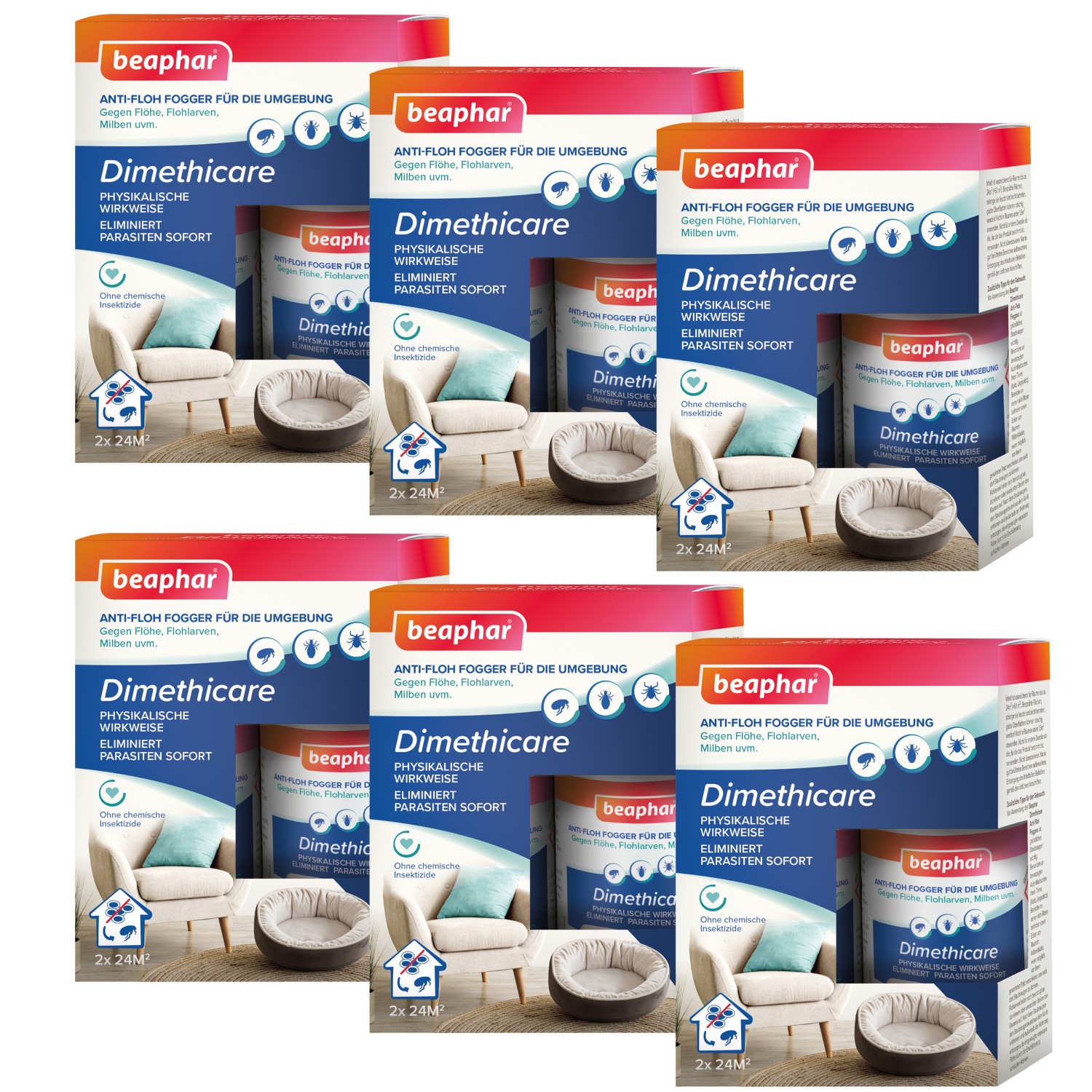 Beaphar Dimethicare Anti-Floh Fogger | Gegen Ungeziefer in der Heimtierumgebung | 12 x 75 ml Dose (6 Sets)