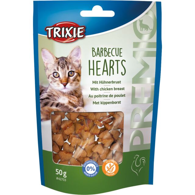Trixie Premio Barbecue Hearts mit Hühnerbrust | Aromatischer Katzensnack mit hohem Fleischanteil | Ergänzungsfutter Beutel 50 g