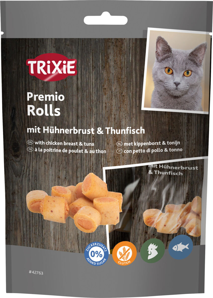 Trixie Premio Rolls mit Hühnerbrust & Thunfisch | Belohnung oder kleiner Snack für Katzen | Ergänzungsfutter im Beutel 50 g