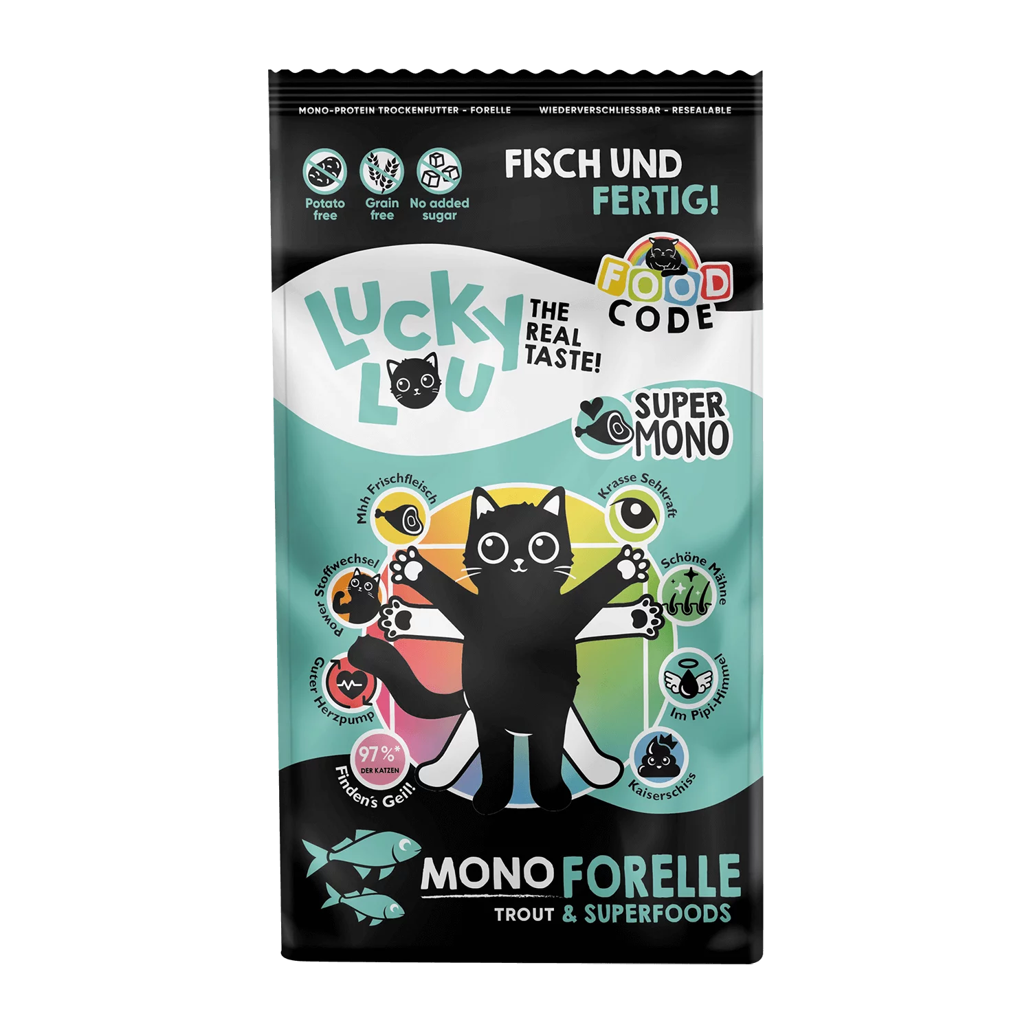 Lucky Lou® Food Code Lifestage | Premium Trockenfutter für Katzen | Kitten - Adault- Senioren Forelle | Inhalt 340 g