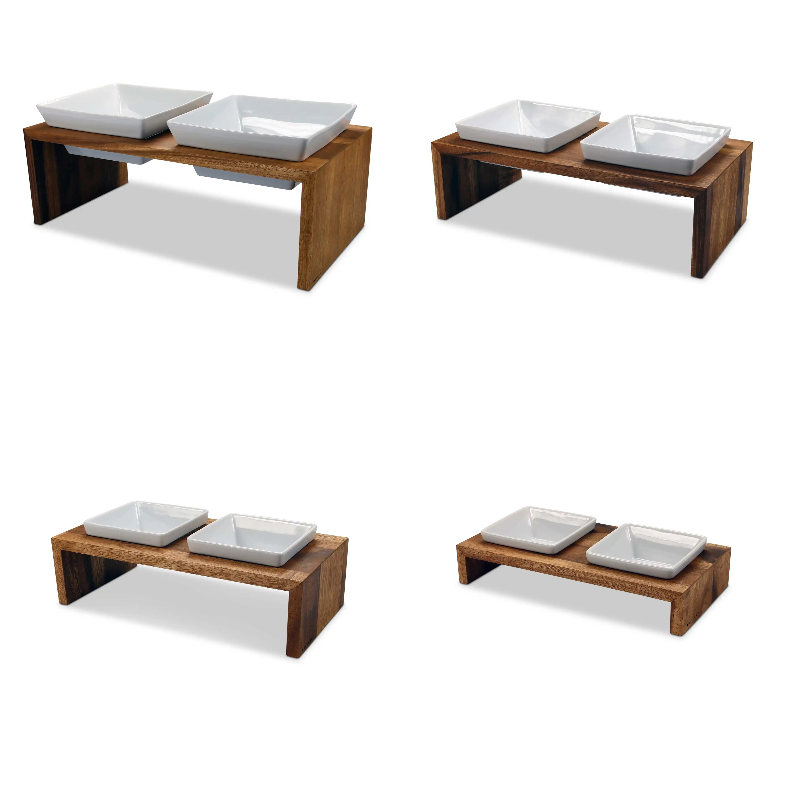 Wolters Meshidai True Doppelnapf Teak | Holzgestell mit Futterschalen aus Keramik | Größe XS -2 x 0,2 l (30 x 15 x 7 cm)