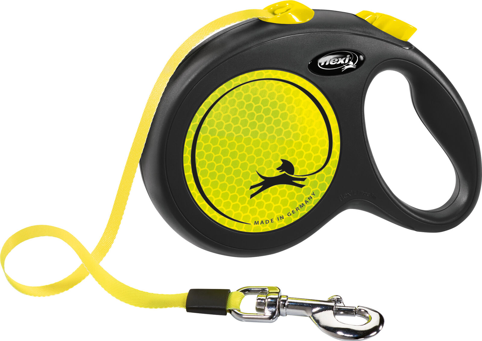 flexi® New Neon Gurtleine | Rollleine für Hunde  |  Farbe Neon-Gelb | Gurtlänge 5 m | Größe L für Hunde bis 50 kg