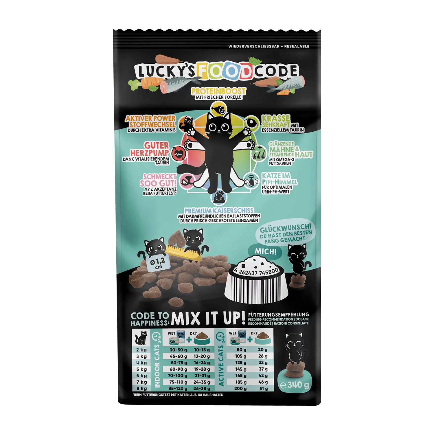 Lucky Lou® Food Code Lifestage | Premium Trockenfutter für Katzen | Kitten - Adault- Senioren Forelle | Inhalt 340 g
