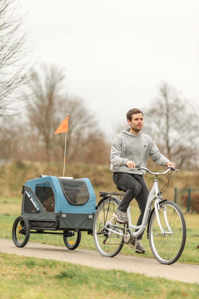 Trixie Fahrrad-Anhänger für Hunde Blau-Grau | Zusammenklappbar inklusive Anhängerkupplung | Model 12821