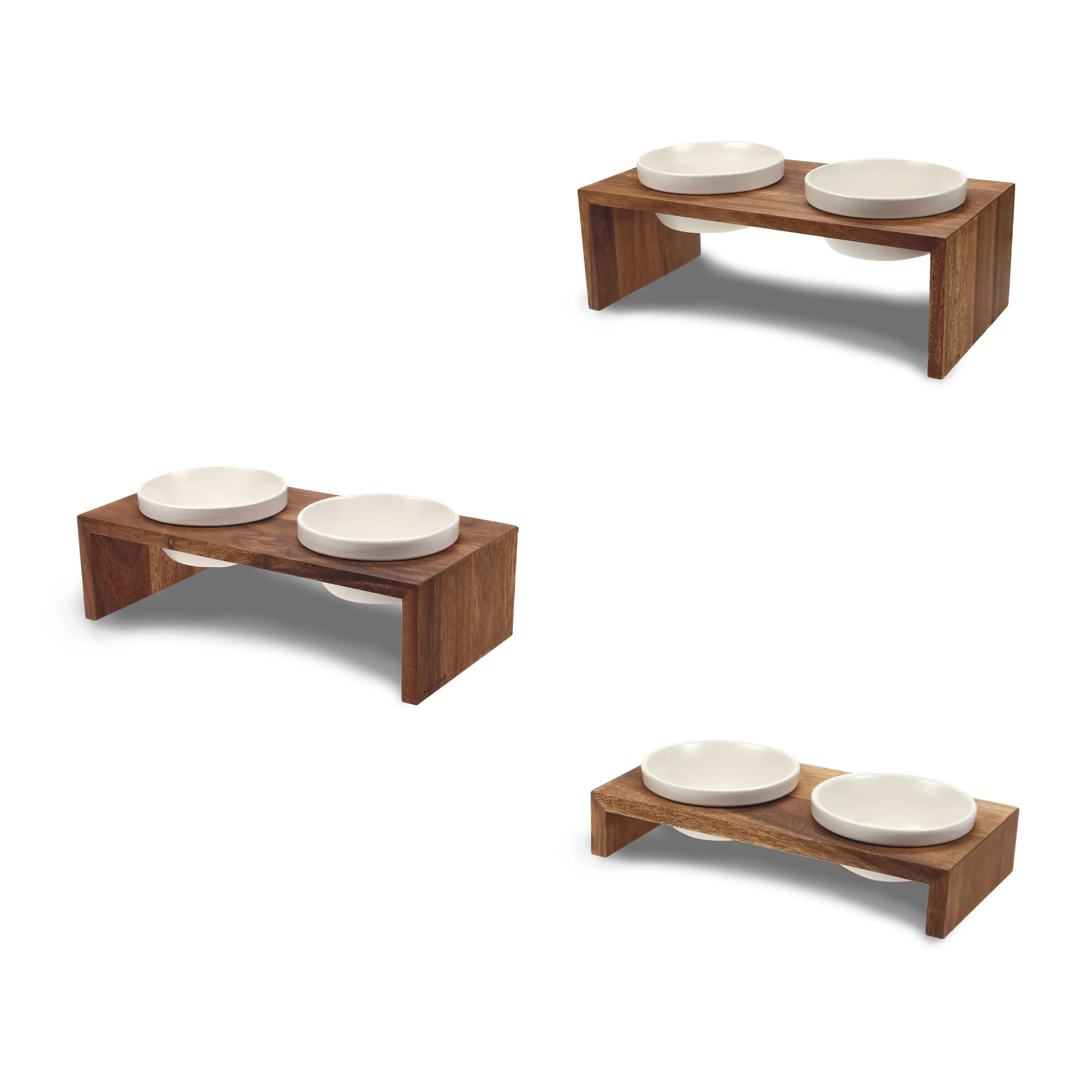 Wolters Gohan Doppelnapf Teak | Holzgestell mit 2 Futterschalen aus Keramik  | Größe XS - 2 x 0,2 l (28 x 14 x 7 cm)