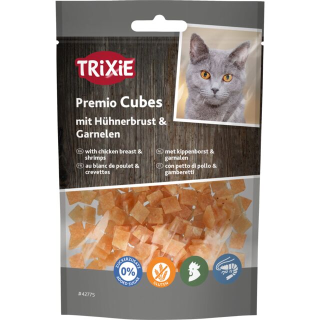 Trixie Premio Cubes mit Hühnerbrust & Garnelen | Schmackhafter Snack für Katzen | Ergänzungsfutter Beutel 50 g