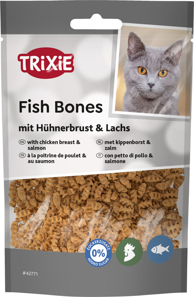 Trixie Fish Bones mit Hühnerbrust & Lachs | Schmackhafter Snack für Katzen | Ergänzungsfutter Beutel 50 g