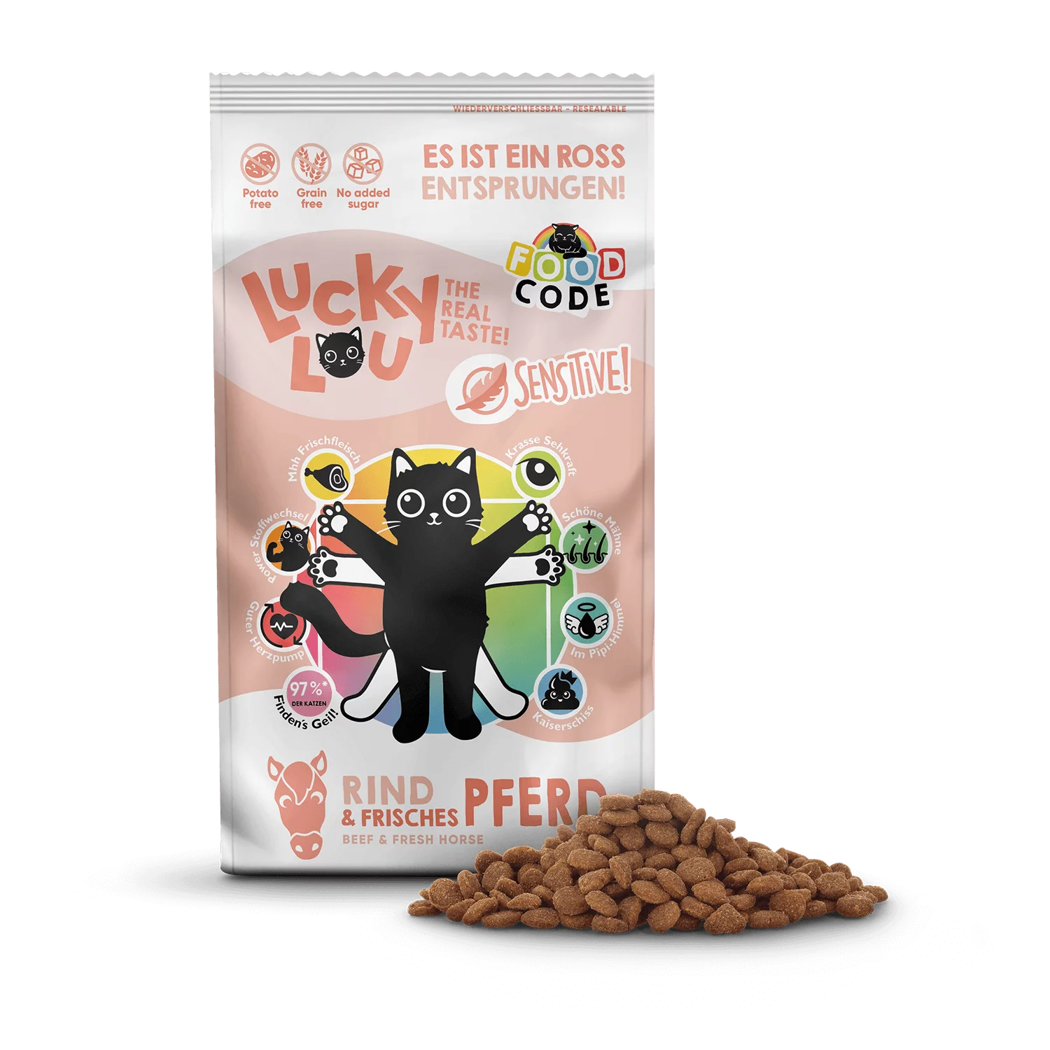 Lucky Lou® Food Code Sensitive | Premium Trockenfutter für Katzen | Adult Rind & Pferd | Inhalt 340 g
