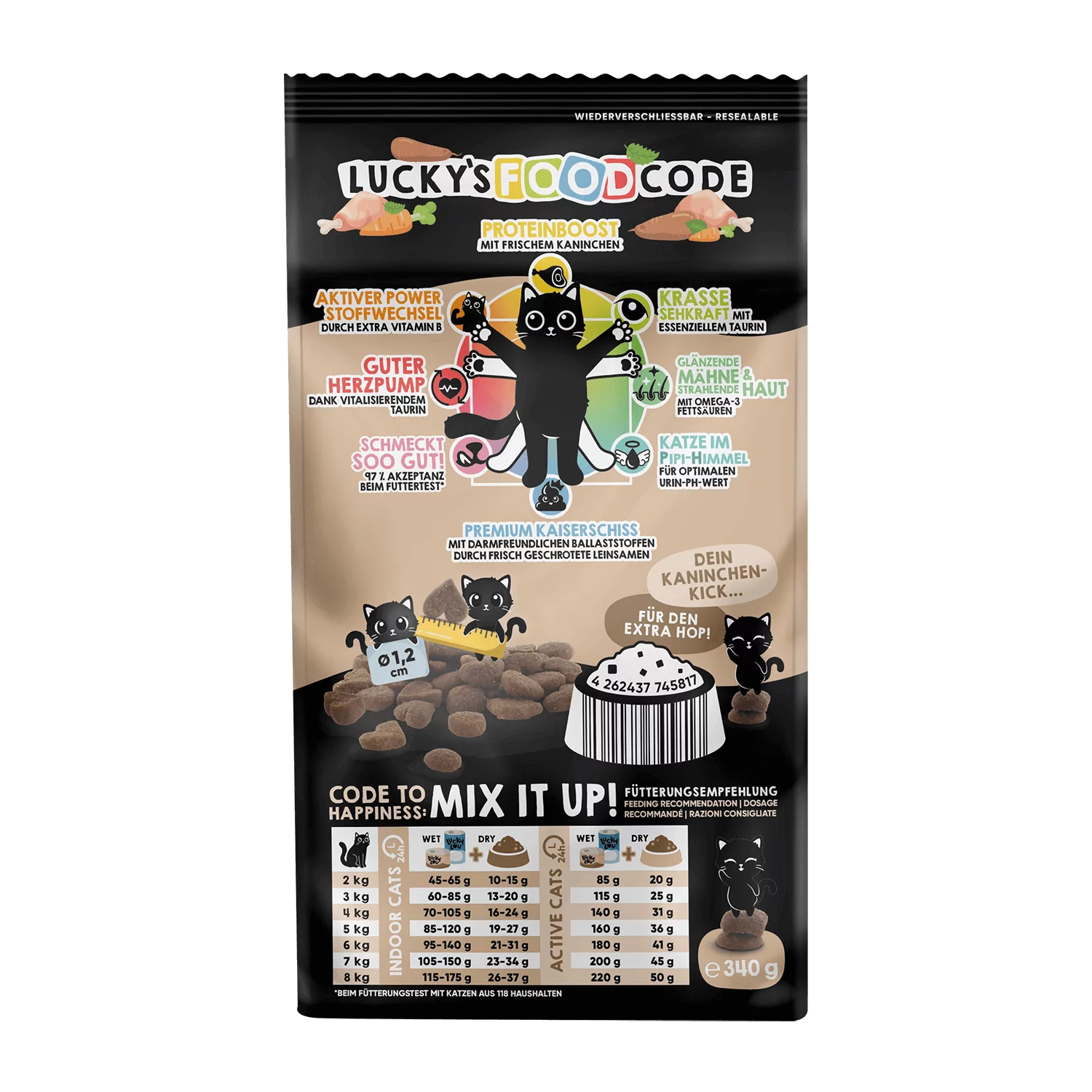 Lucky Lou® Food Code Lifestage | Premium Trockenfutter für Katzen | Kitten - Adault- Senioren Kaninchen | Inhalt 340 g