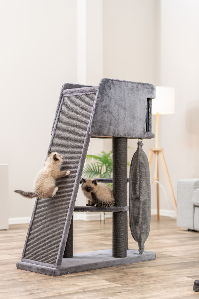 Trixie Kratzbaum Active | Katzenkratzbaum mit Höhle, Klettersack & Rampe | Farbe Grau | Maße 96x38x122 cm