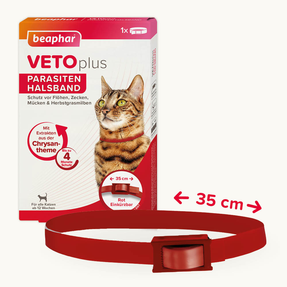 Beaphar VETOplus Parasiten Halsband 35 cm, Rot | Repellent bis zu 4 Monate lang Schutz vor Ektoparasiten | für alle Katzen