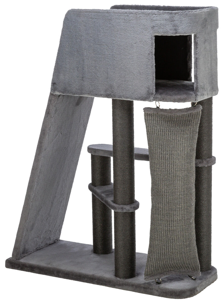 Trixie Kratzbaum Active | Katzenkratzbaum mit Höhle, Klettersack & Rampe | Farbe Grau | Maße 96x38x122 cm