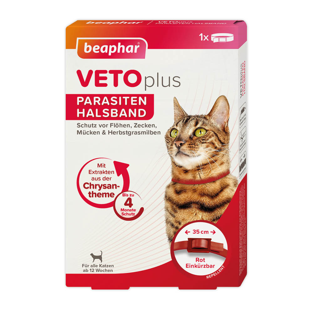 Beaphar VETOplus Parasiten Halsband 35 cm, Rot | Repellent bis zu 4 Monate lang Schutz vor Ektoparasiten | für alle Katzen