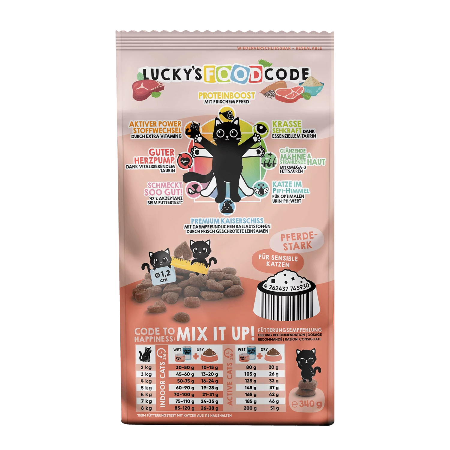 Lucky Lou® Food Code Sensitive | Premium Trockenfutter für Katzen | Adult Rind & Pferd | Inhalt 340 g