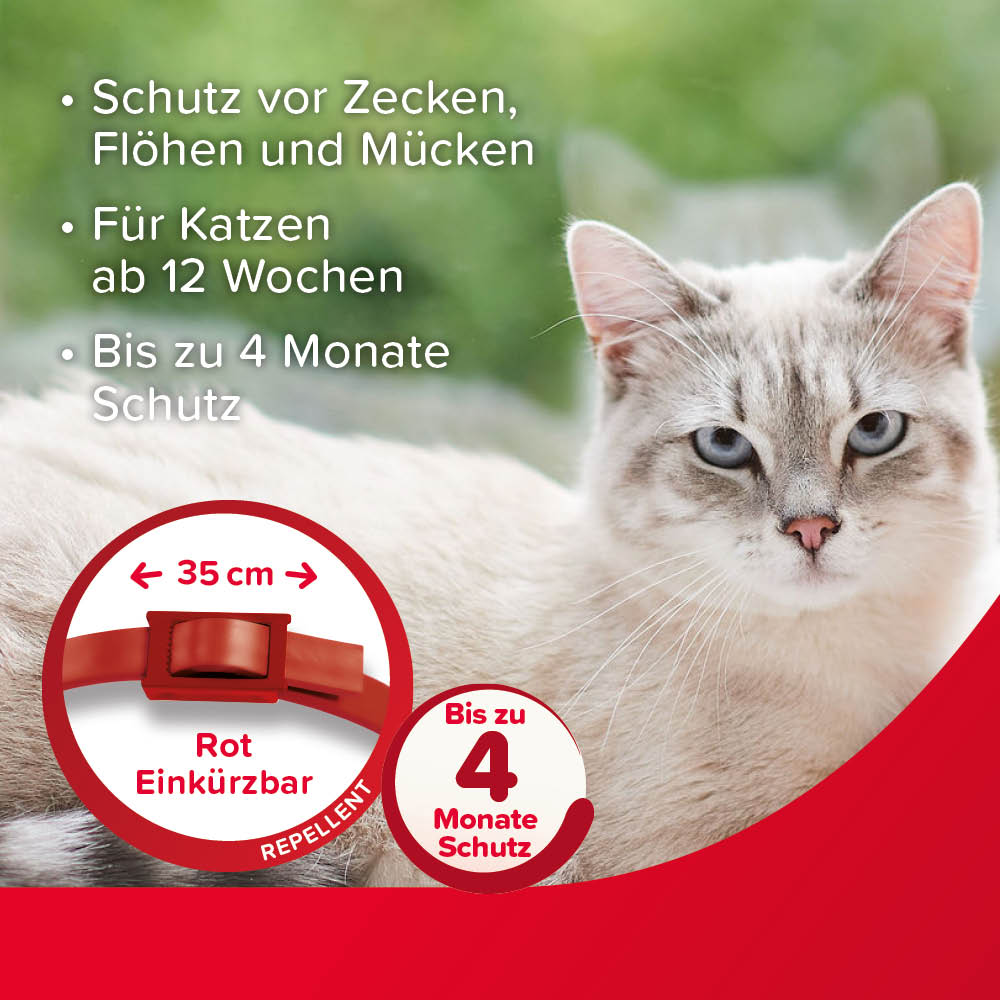 Beaphar VETOplus Parasiten Halsband 35 cm, Rot | Repellent bis zu 4 Monate lang Schutz vor Ektoparasiten | für alle Katzen