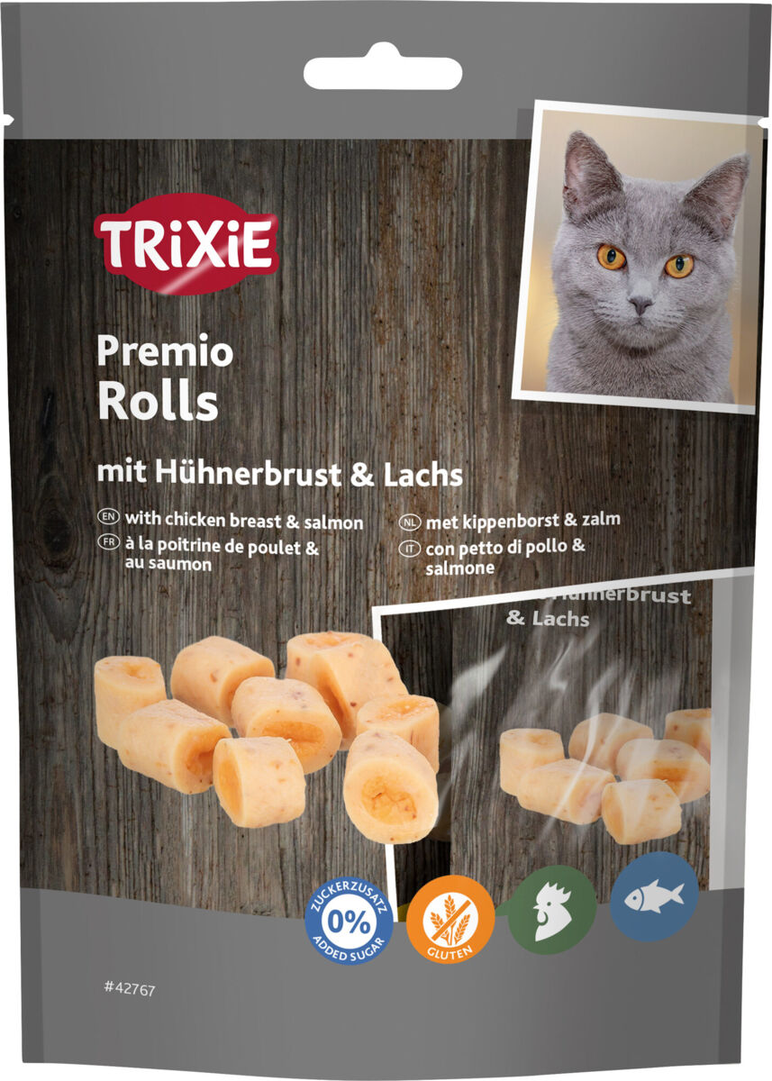 Trixie Premio Rolls mit Hühnerbrust & Lachs | Schmackhafter Snack für Katzen | Ergänzungsfutter Beutel 50 g