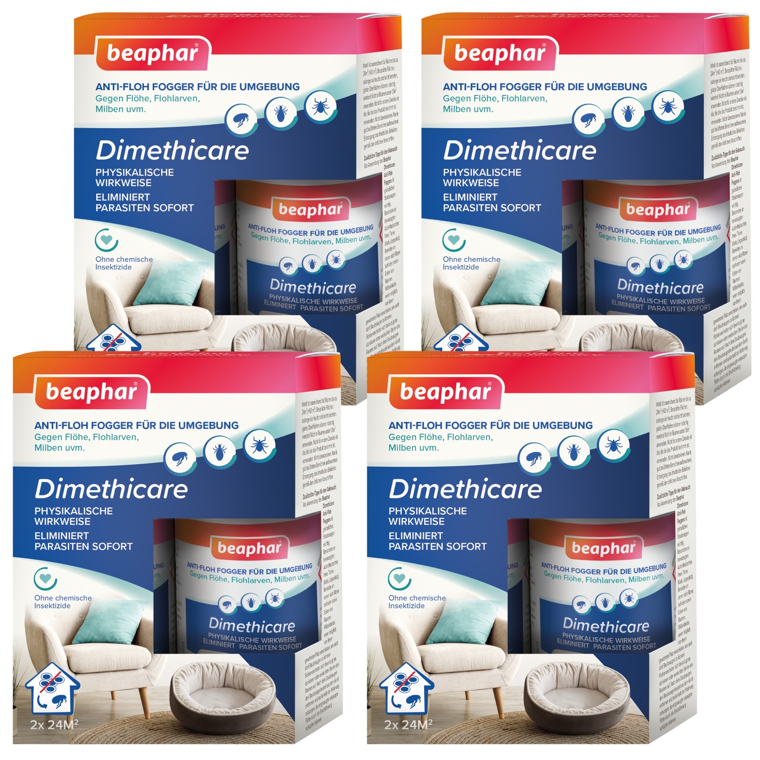 Beaphar Dimethicare Anti-Floh Fogger | Gegen Ungeziefer in der Heimtierumgebung | 8 x 75 ml Dose (4 Sets)