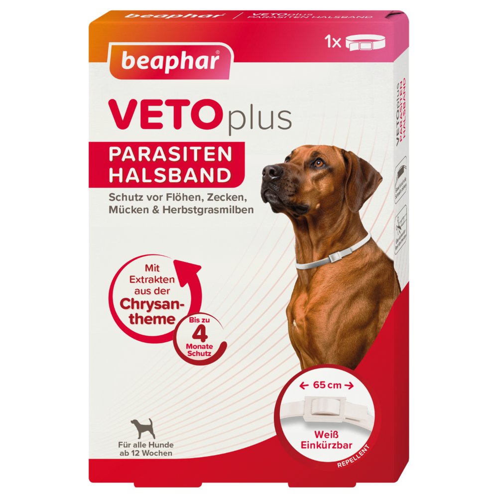 Beaphar VETOplus Parasiten Halsband 65 cm, Weiß | Repellent bis zu 4 Monate lang Schutz vor Ektoparasiten | für kleine bis große Hunde