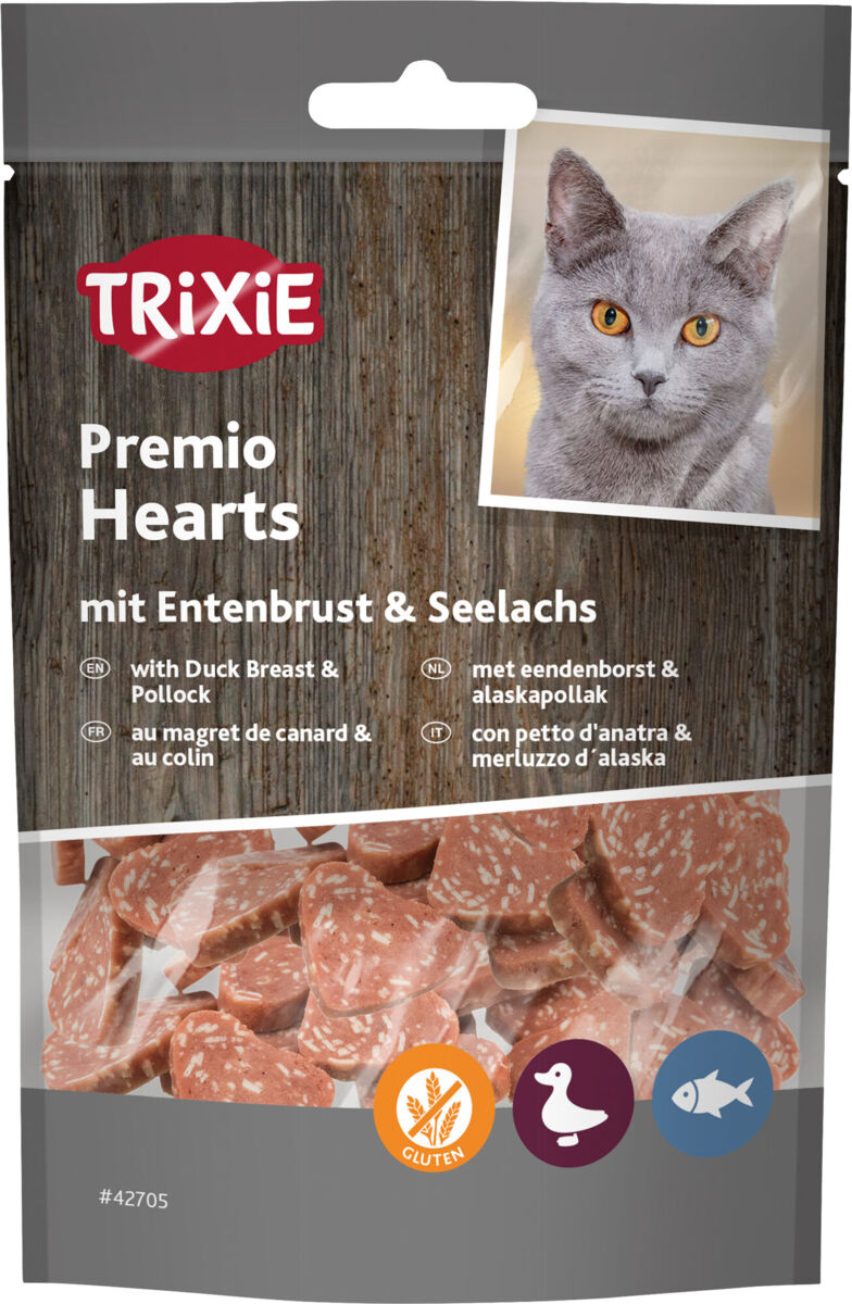 Trixie Premio Hearts mit Entenbrust & Seelachs | Katzensnack mit 65 % Entenbrust und 18 % Fisch | Ergänzungsfutter Beutel 50 g