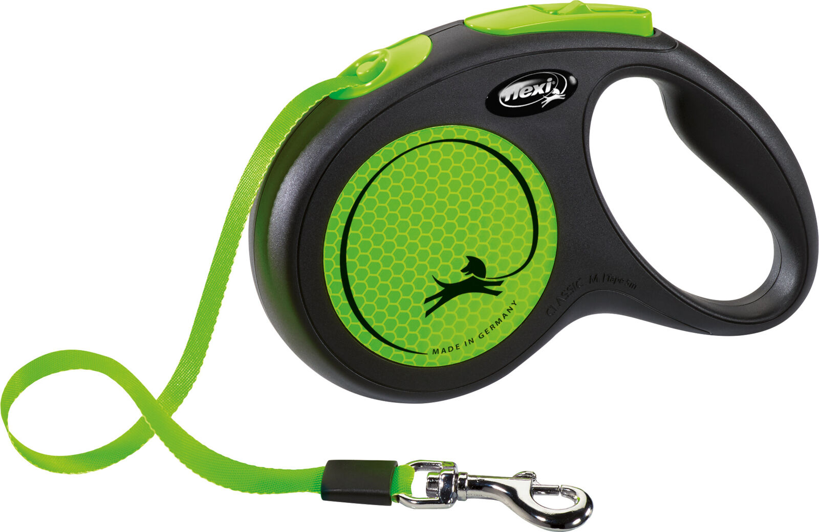 flexi® New Neon Gurtleine | Rollleine für Hunde | Farbe Neon-Grün | Gurtlänge 5 m | Größe M für Hunde bis 25 kg