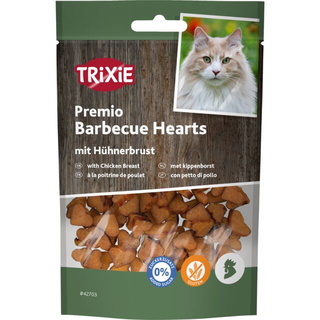 Trixie Premio Barbecue Hearts mit Hühnerbrust | Aromatischer Katzensnack mit hohem Fleischanteil | Ergänzungsfutter Beutel 50 g