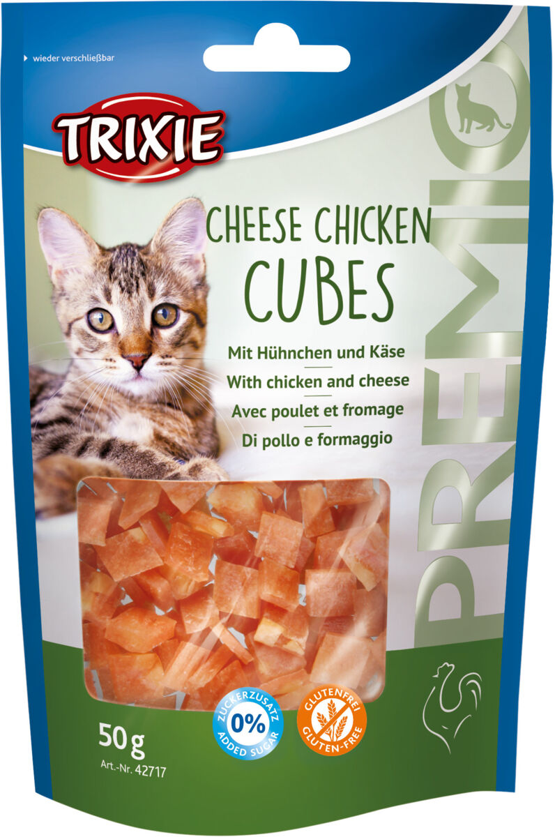 Trixie Premio Cubes mit Hühnerbrust & Käse | Aromatischer Katzensnack mit hohem Fleischanteil | Ergänzungsfutter Beutel 50 g