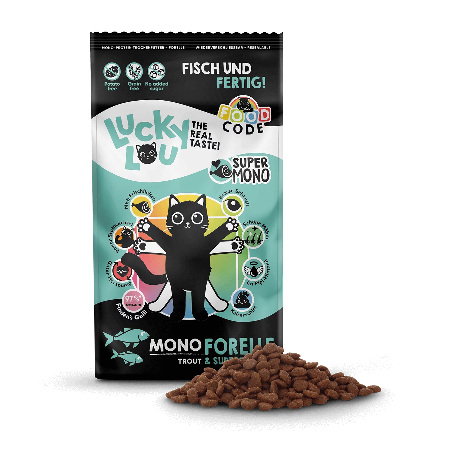 Lucky Lou® Food Code Lifestage | Premium Trockenfutter für Katzen | Kitten - Adault- Senioren Forelle | Inhalt 340 g