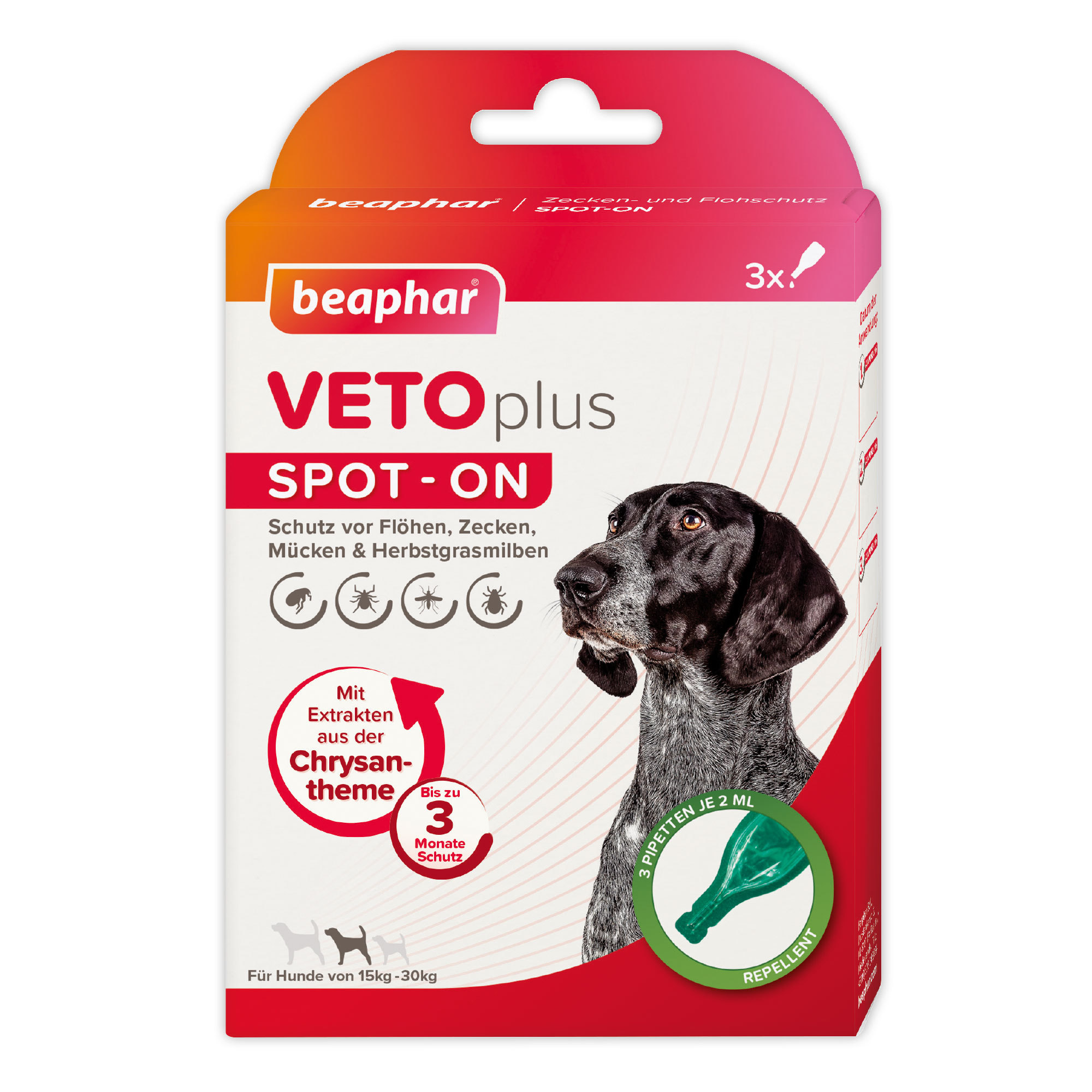 Beaphar VETOplus SPOT-ON | Schutz vor Zecken, Flöhen, Mücken und Herbstgrasmilben | 3 Pipetten je 2 ml | für Hunde 15-30 kg